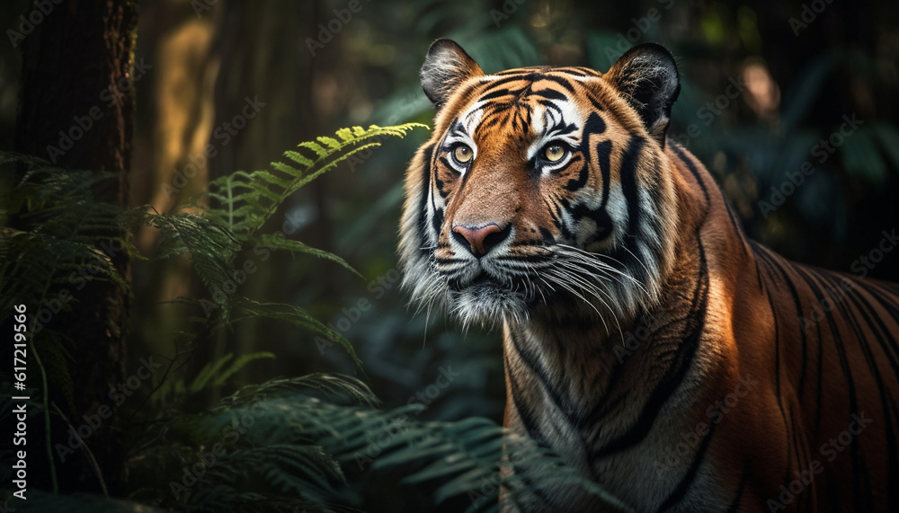 Bengal tiger staring, hiding in tropical rainforest, beauty in nature generated by AI