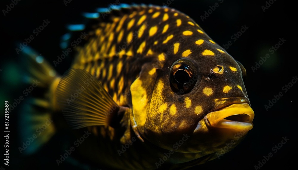 Cute goldfish swimming in deep blue saltwater, underwater beauty generated by AI