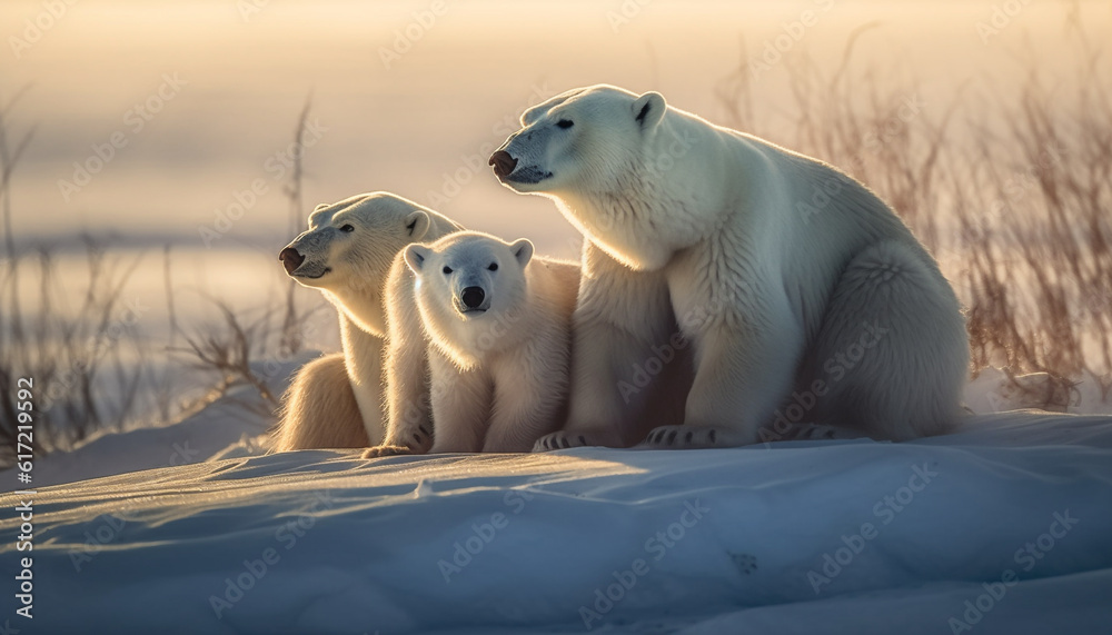 A family of three dogs walking in the arctic winter generated by AI