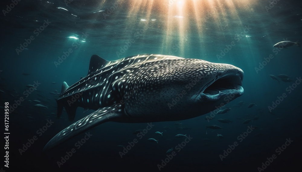 Majestic giant fish swimming below, teeth bared in aggression generated by AI