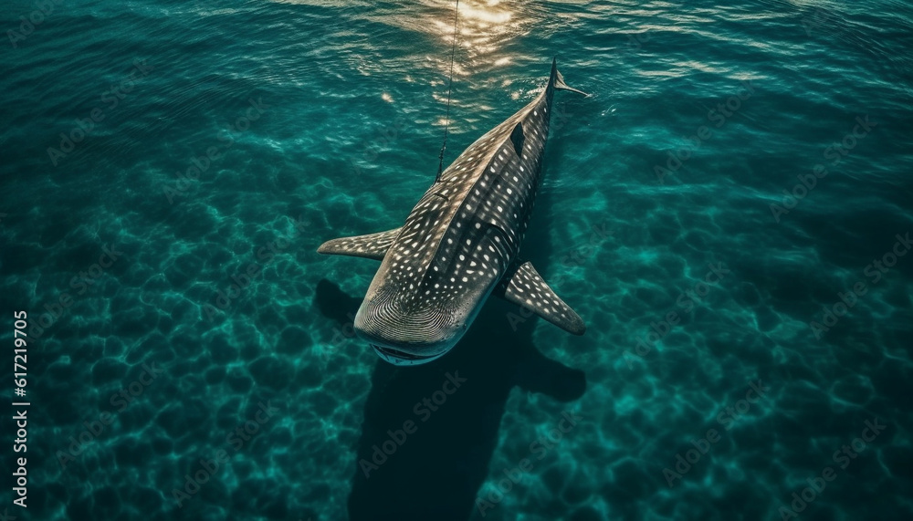 Majestic dolphin swimming in tranquil tropical seascape, endangered beauty generated by AI