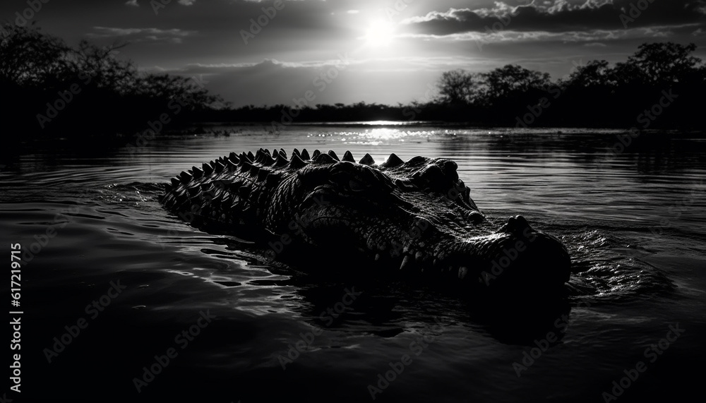 Crocodile resting in tranquil pond, teeth glistening in sunlight generated by AI