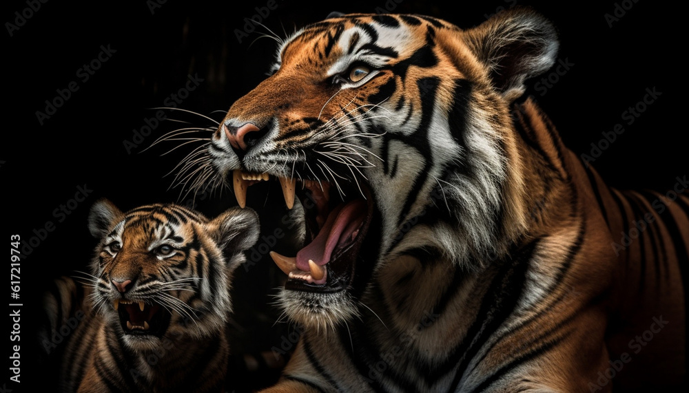 Majestic Bengal tiger staring with fury, teeth bared, in close up generated by AI