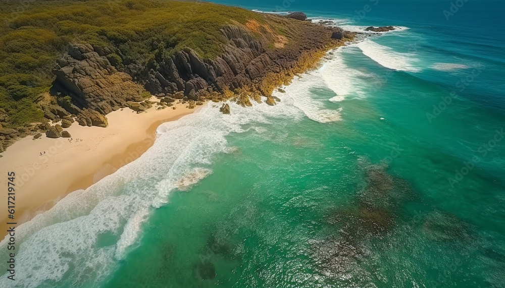 Aerial view of tranquil coastline, waves crash on rocky cliffs generated by AI