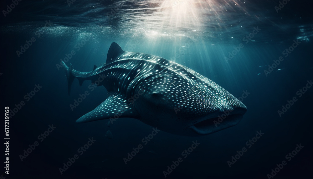 Majestic giant whale shark swimming in dark, underwater reef generated by AI