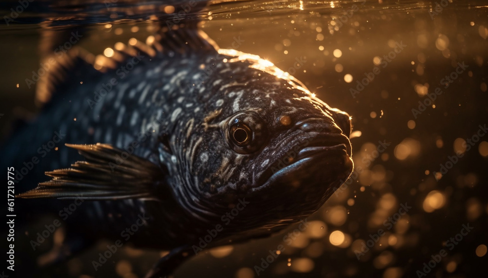 Animal head underwater, close up of fish eye in blue generated by AI