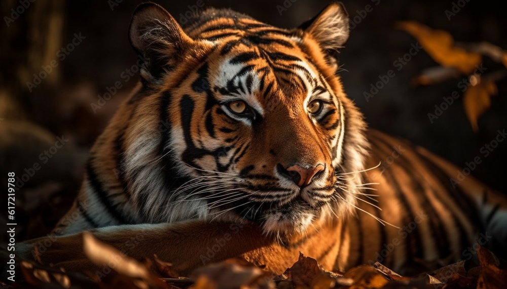 Majestic Bengal tiger staring, beauty in nature, wildcat in focus generated by AI