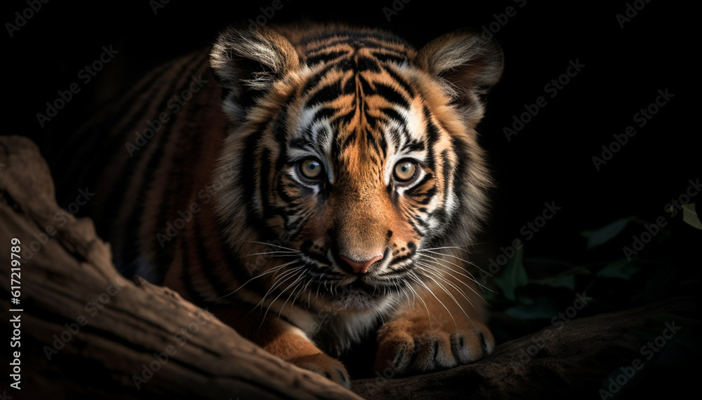 Majestic Bengal tiger staring with aggression in tropical rainforest generated by AI