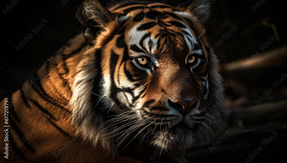 Close up portrait of majestic Bengal tiger staring with aggression generated by AI