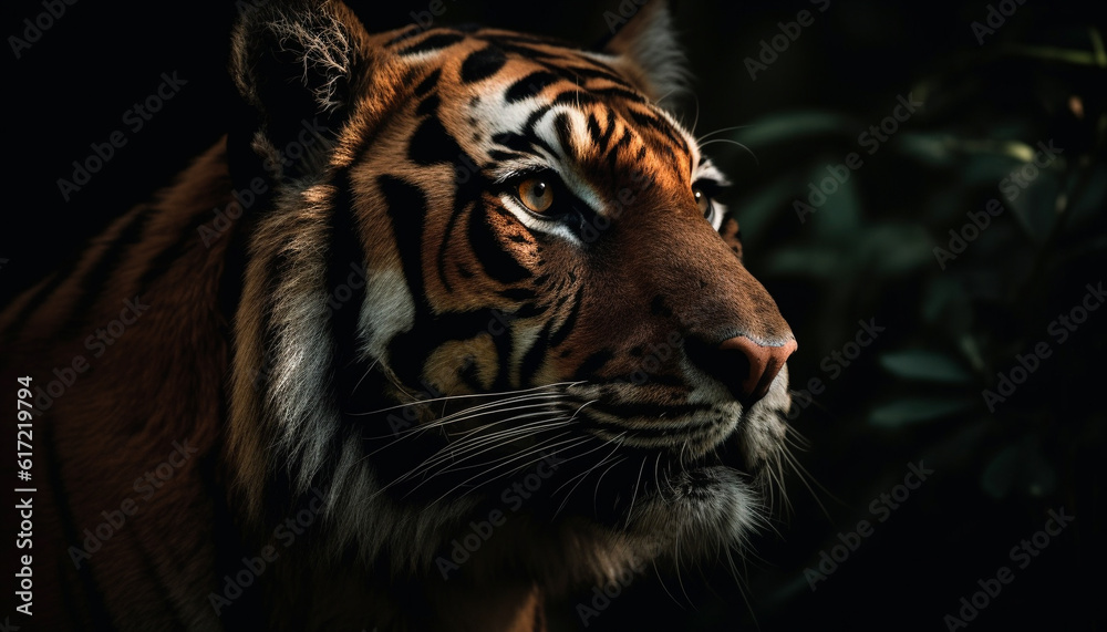 Majestic Bengal tiger staring with aggression in tropical rainforest generated by AI