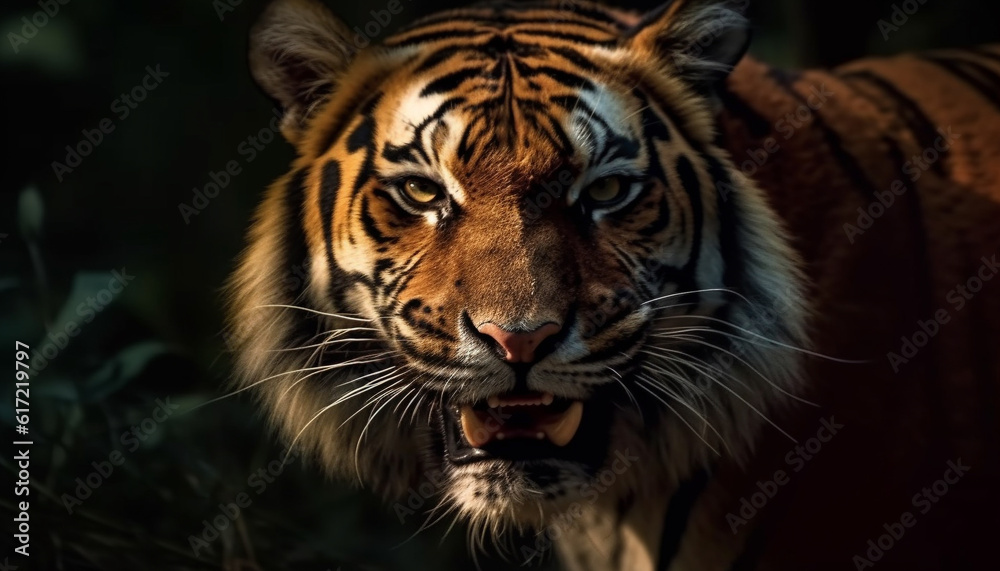 Close up portrait of majestic Bengal tiger staring furiously outdoors generated by AI