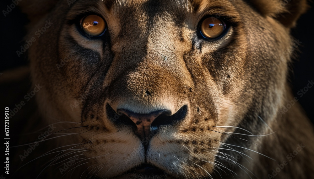 Majestic lioness staring, selective focus on mane and whiskers generated by AI