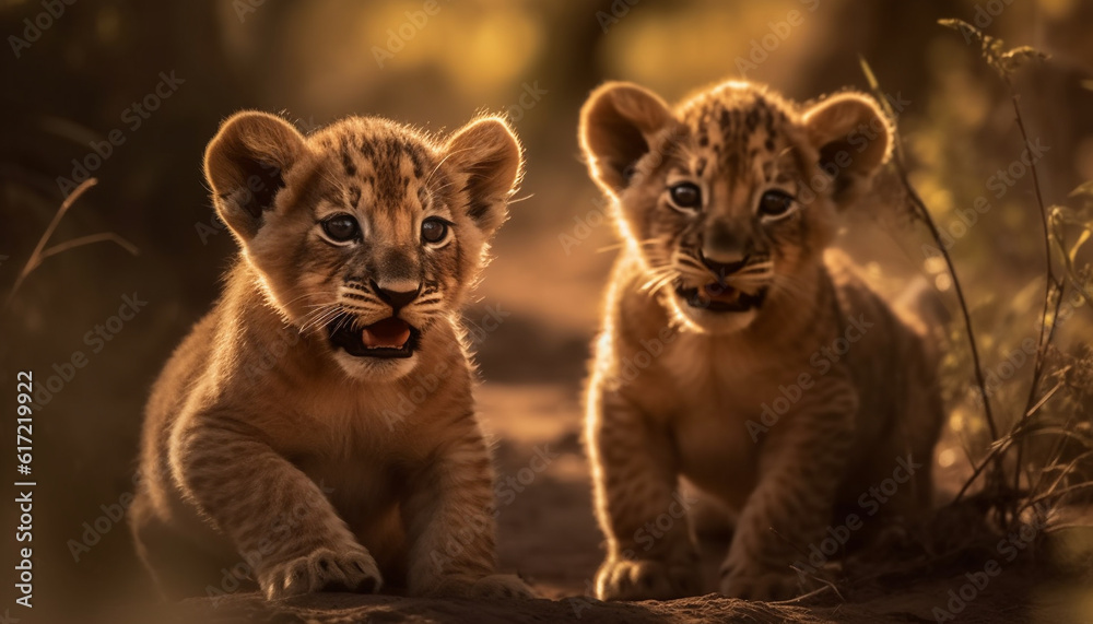 Playful lion cub hiding in grass, looking at camera cutely generated by AI