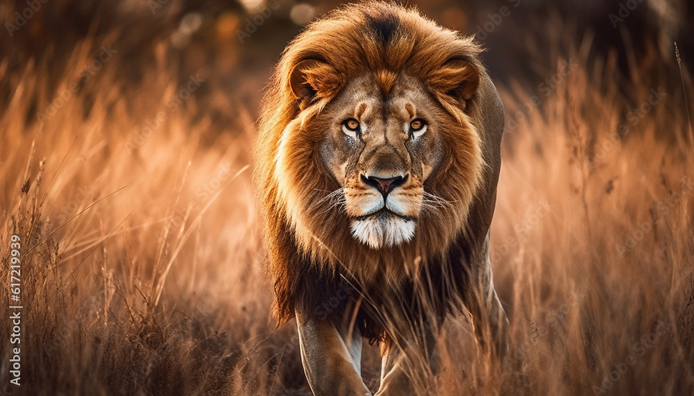 Majestic male lion walking in the savannah at sunset generated by AI