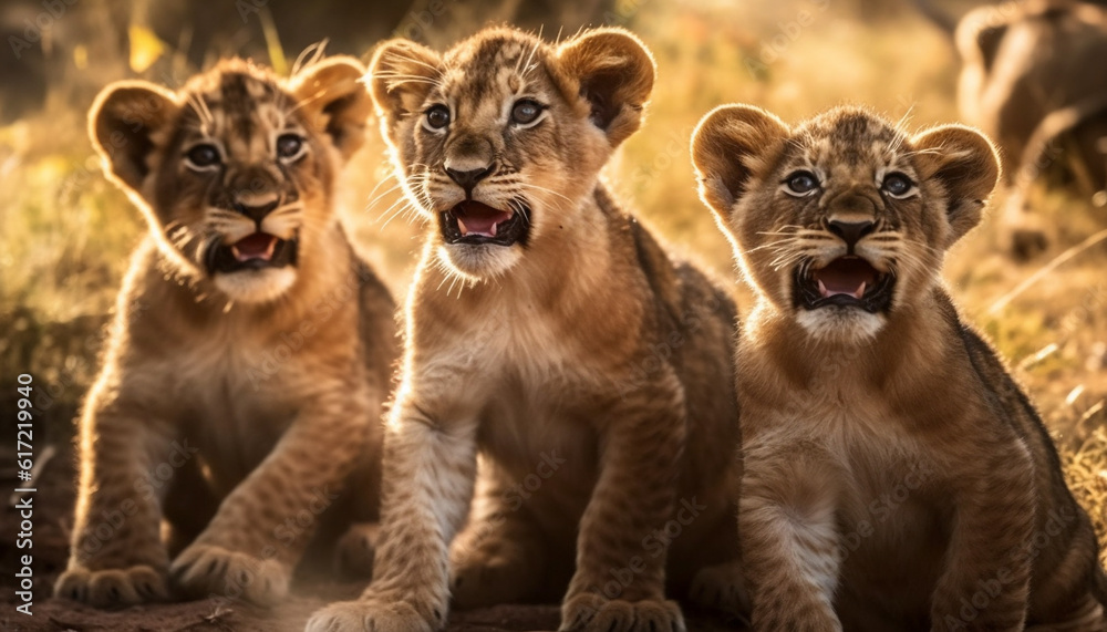 Small group of playful safari animals looking at camera outdoors generated by AI