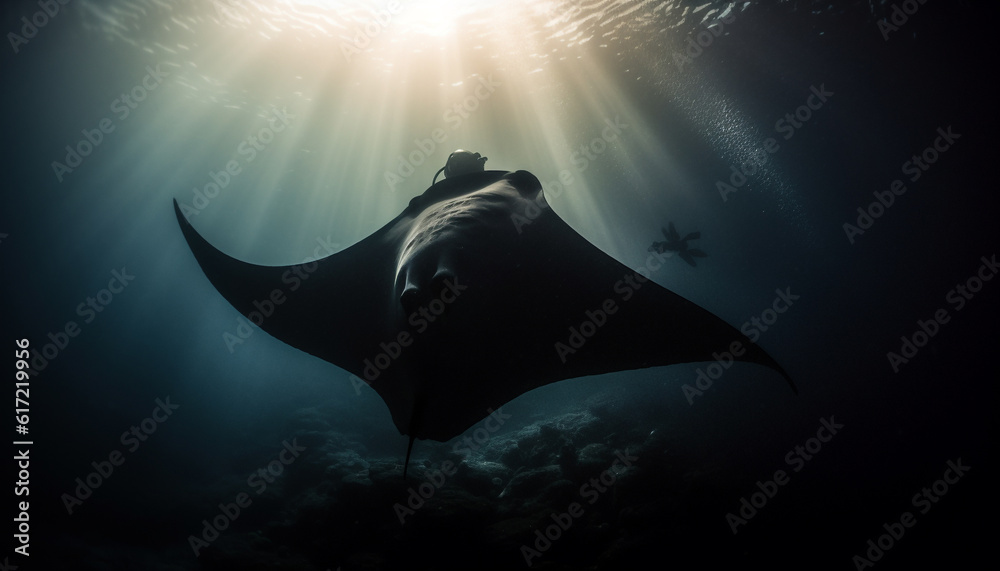 Deep sea diving adventure Majestic manta ray silhouette in underwater landscape generated by AI