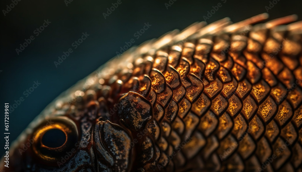 Golden fish scales shimmer in underwater tropical paradise, close up shot generated by AI