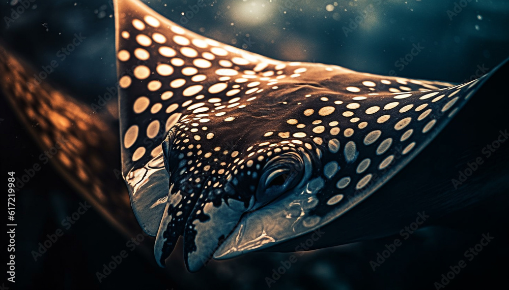 Spotted lizard eye in abstract underwater portrait of sea life generated by AI