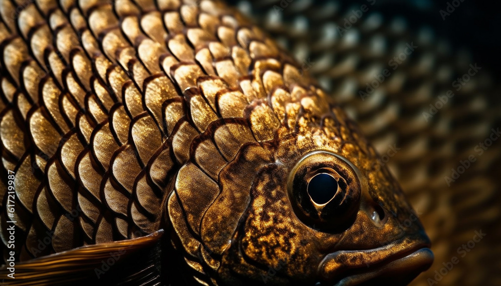 The gold colored fish eye in close up underwater, a beauty in nature generated by AI