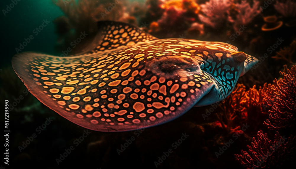 Multi colored tropical fish swimming in close up underwater seascape generated by AI