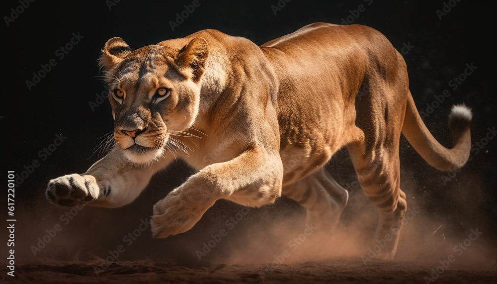 Majestic lioness walking in the savannah, displaying strength and alertness generated by AI