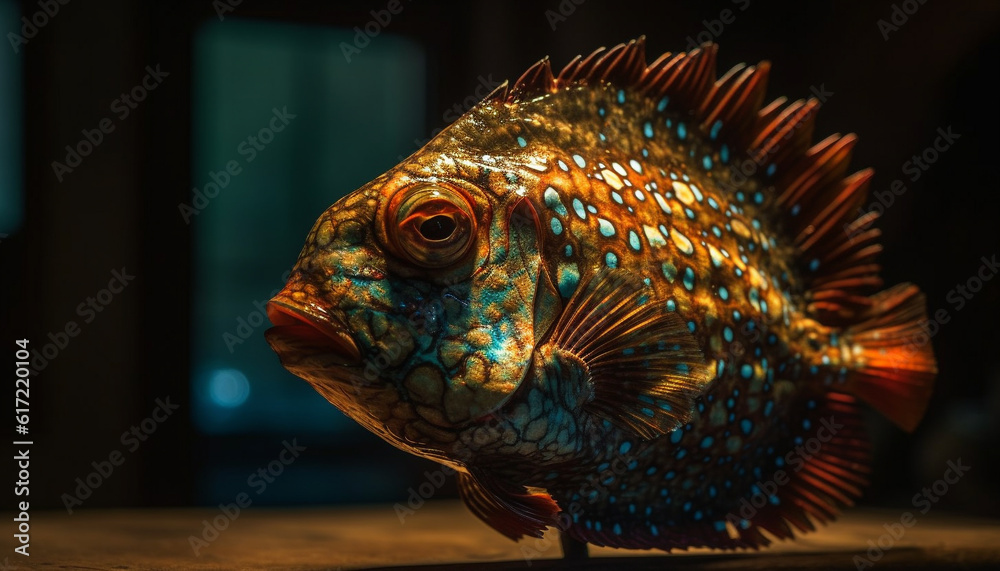 Ornate striped fish swimming in colorful coral reef underwater paradise generated by AI