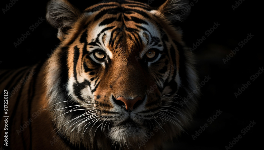 Majestic Bengal tiger staring, close up portrait, selective focus on foreground generated by AI