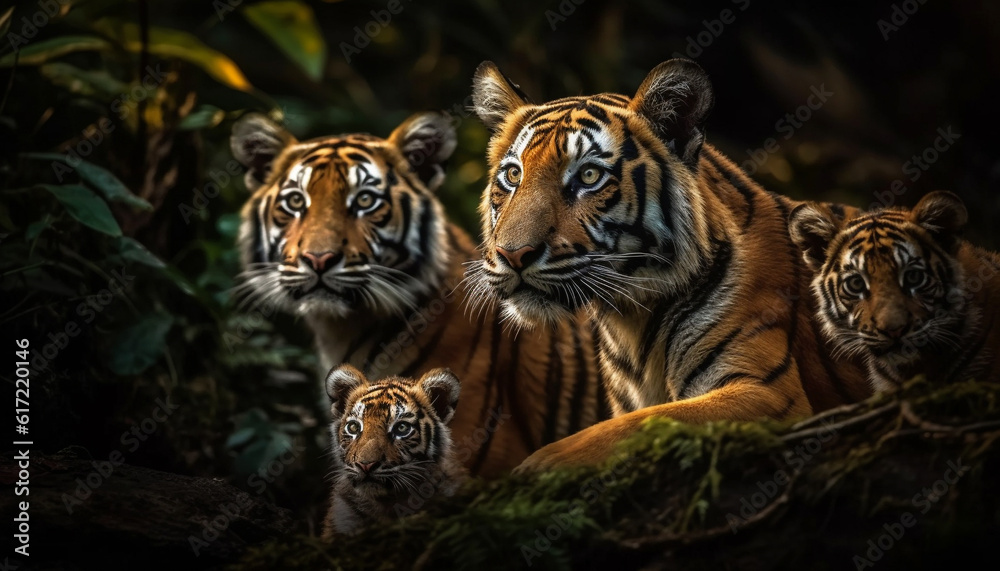 Bengal tiger staring, front view, aggression, striped fur, selective focus generated by AI