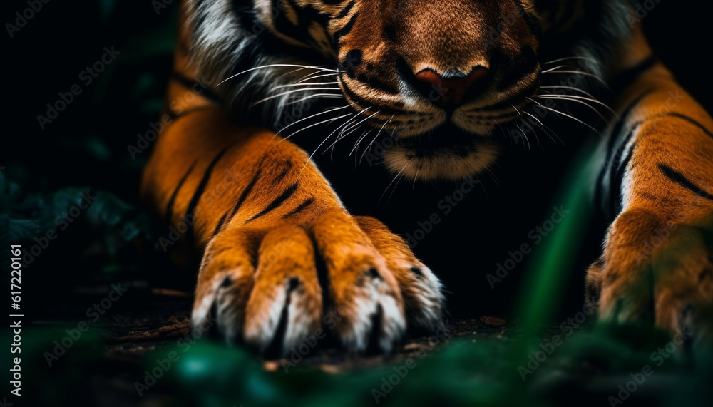 Spotted Bengal tiger lying down, staring with majestic animal eye generated by AI