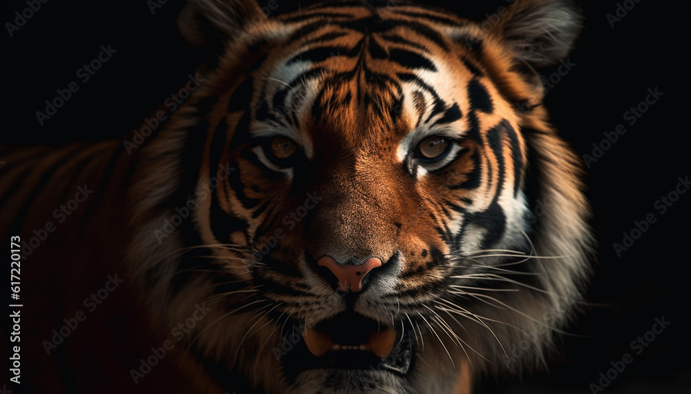 Majestic tiger staring fiercely with striped fur in tropical forest generated by AI