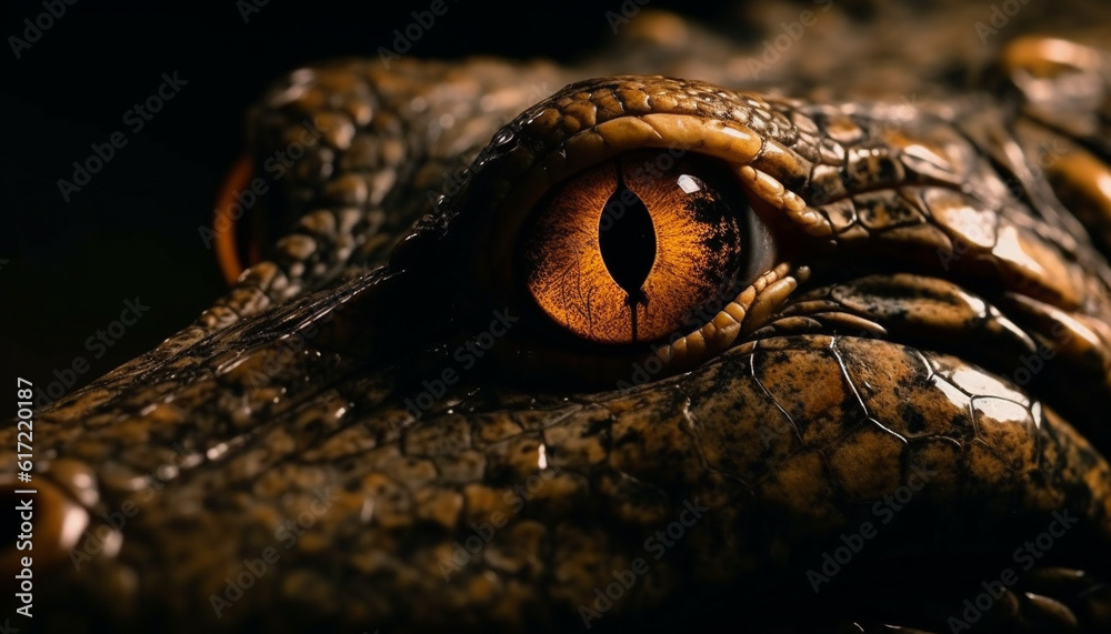 Crocodile hiding in wet swamp, focus on animal eye generated by AI