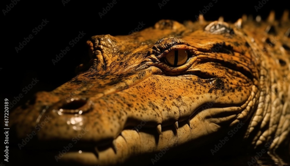 Aggressive crocodile snout, focused on prey in dark wet swamp generated by AI