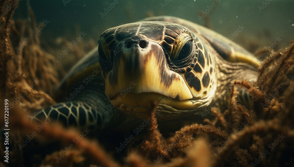 Slow swimming sea turtle crawls through multi colored coral reef generated by AI