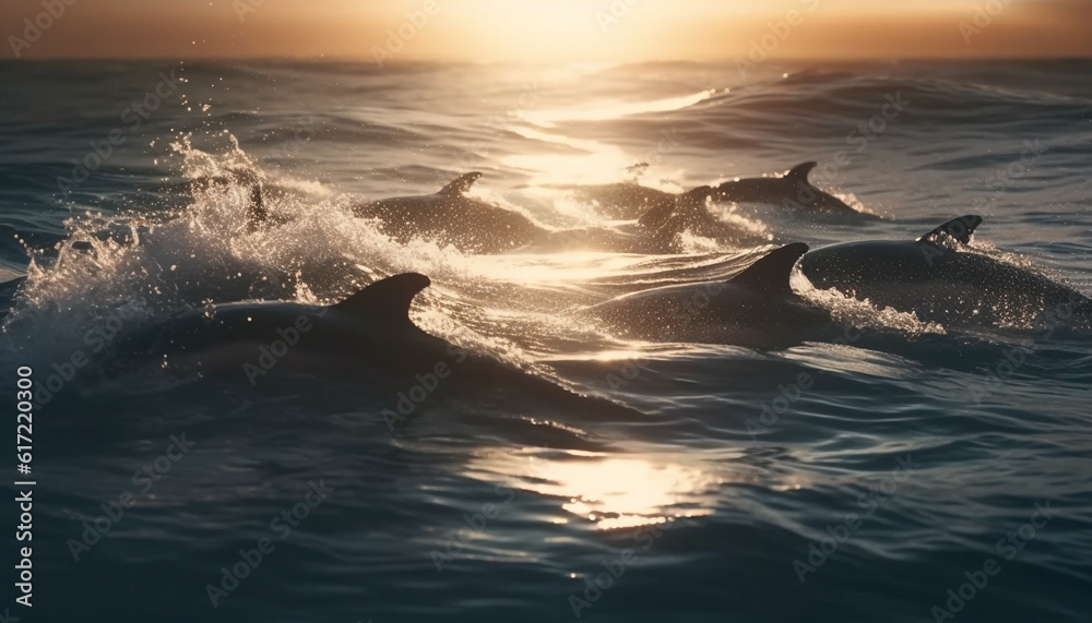 Silhouette of playful dolphin jumping in blue seascape spray generated by AI