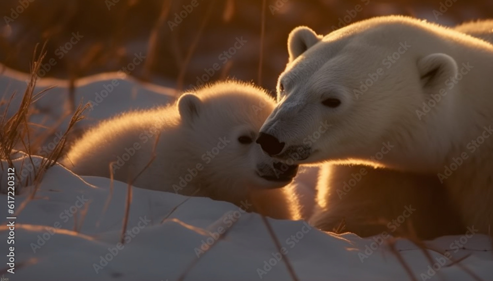 Fluffy bear cub playing in tranquil arctic forest with siblings generated by AI