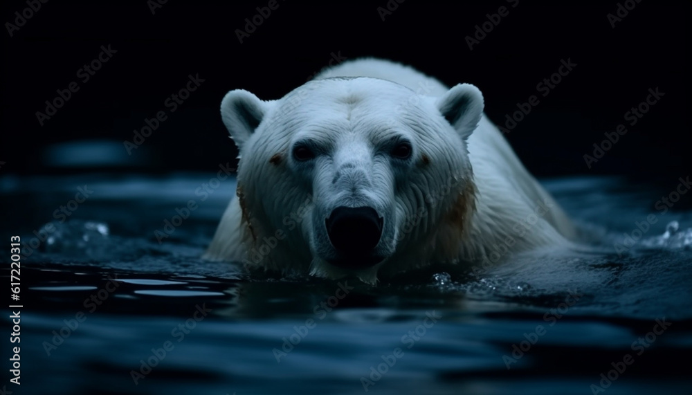 Endangered arctic mammal swimming in tranquil blue water, reflecting beauty generated by AI