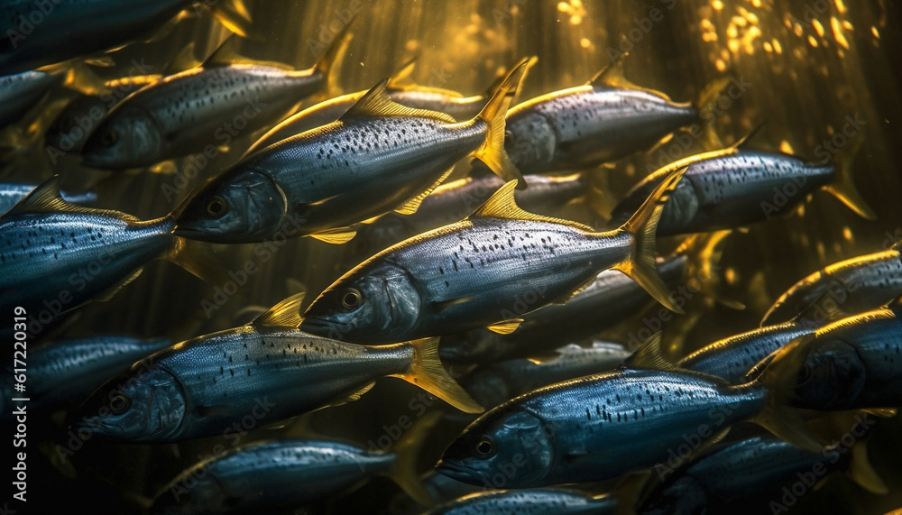 A large school of multi colored fish in a tropical reef generated by AI