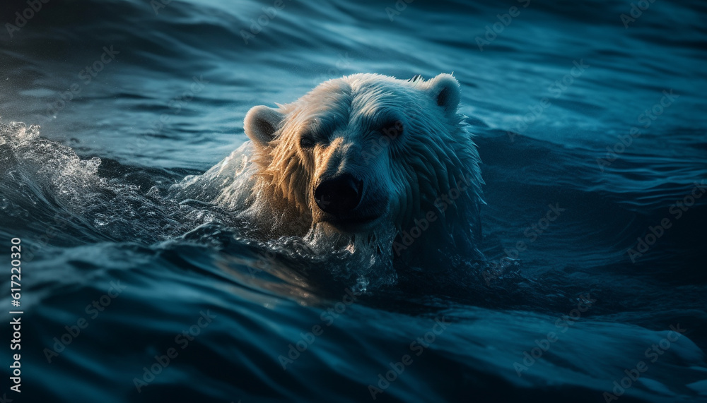 Golden retriever swimming in blue water, fur wet, looking away generated by AI