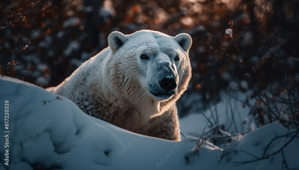 Arctic mammal with blue eyes walking in snowy wilderness at night generated by AI