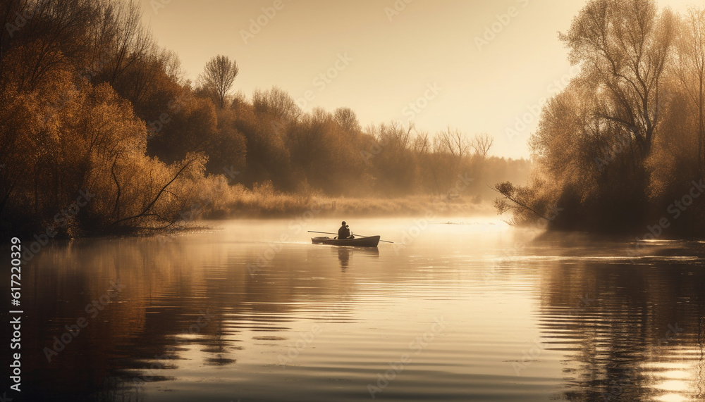 Silhouette of men paddling rowboat in tranquil autumn pond generated by AI