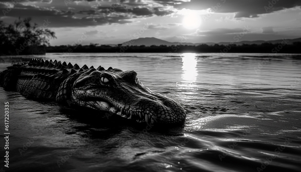 Large crocodile resting in dark swamp, teeth glistening in sunlight generated by AI