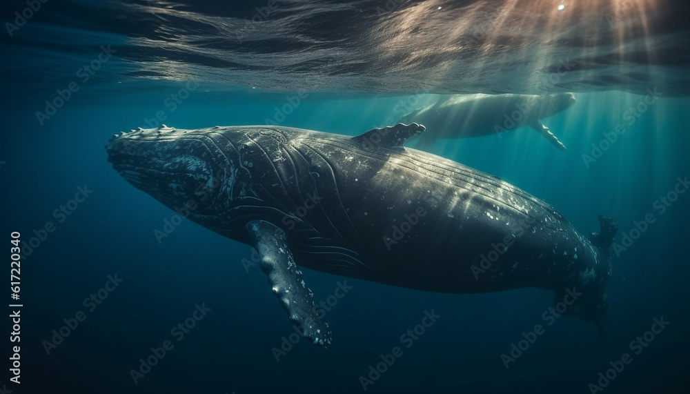 Deep below, giant humpback whale swims majestic in tropical seascape generated by AI