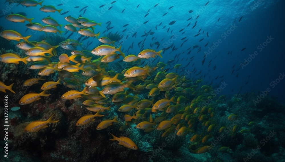 Swimming below the transparent seascape, natural beauty in motion generated by AI