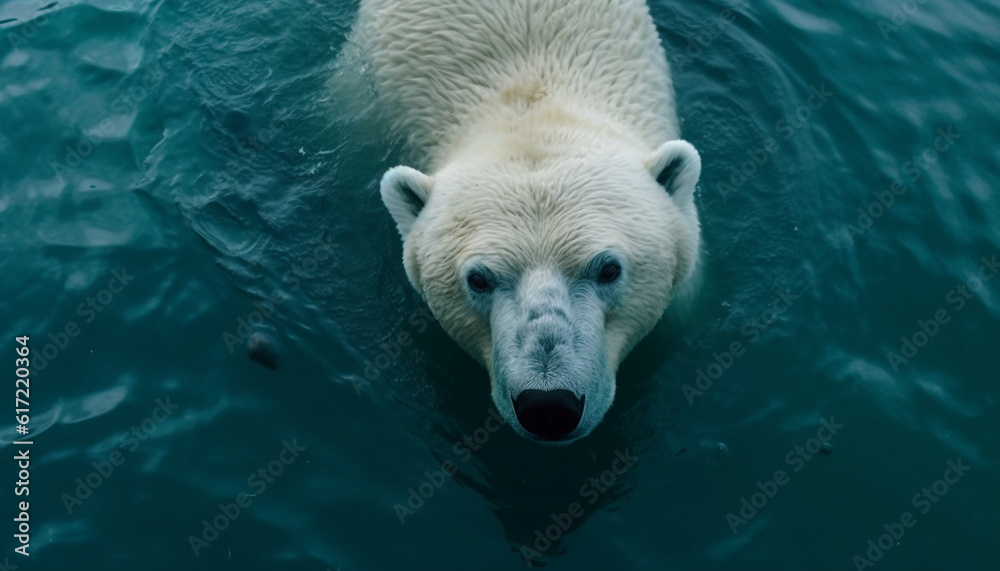 Majestic arctic mammal swimming in tranquil blue water, looking at camera generated by AI