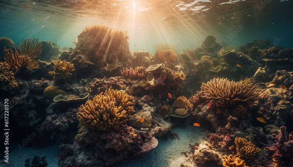 Exploring the vibrant underwater landscape, swimming with sea life generated by AI