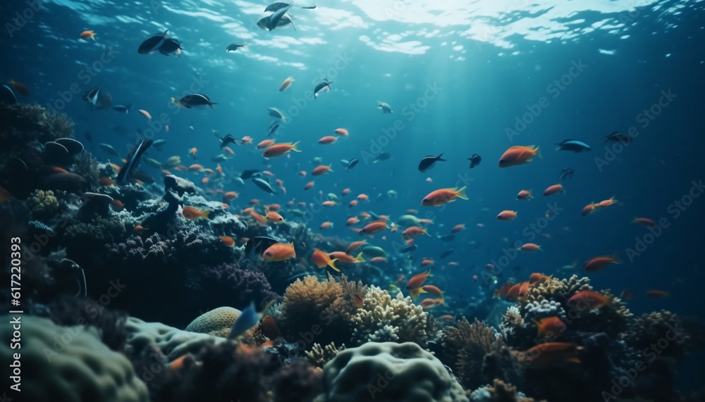 Colorful school of fish swim in vibrant Red Sea reef generated by AI