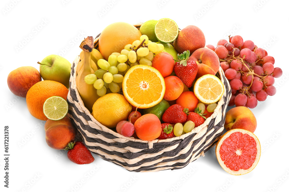 Bowl with different fresh fruits on white background