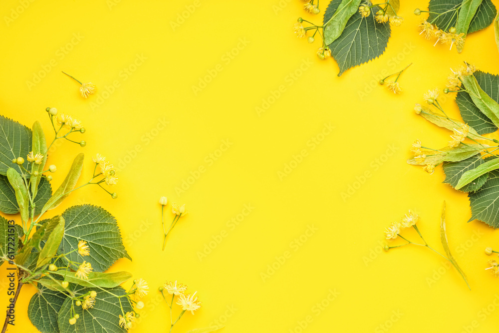 Composition with fresh linden flowers and leaves on yellow background