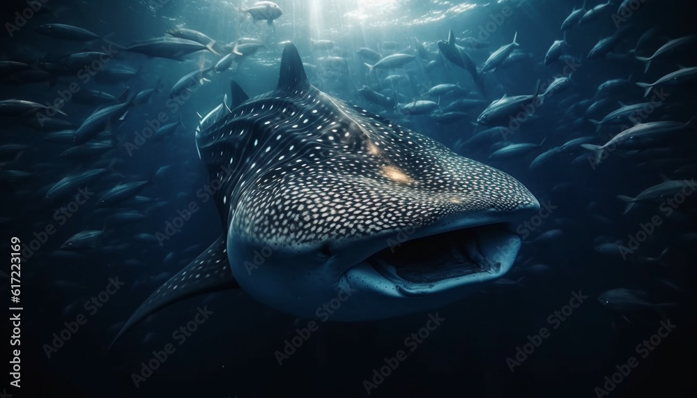 Majestic dolphin swimming below the reef, teeth bared in motion generated by AI