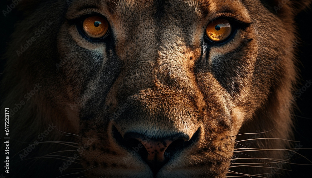 Majestic feline staring, close up of lion face in Africa generated by AI